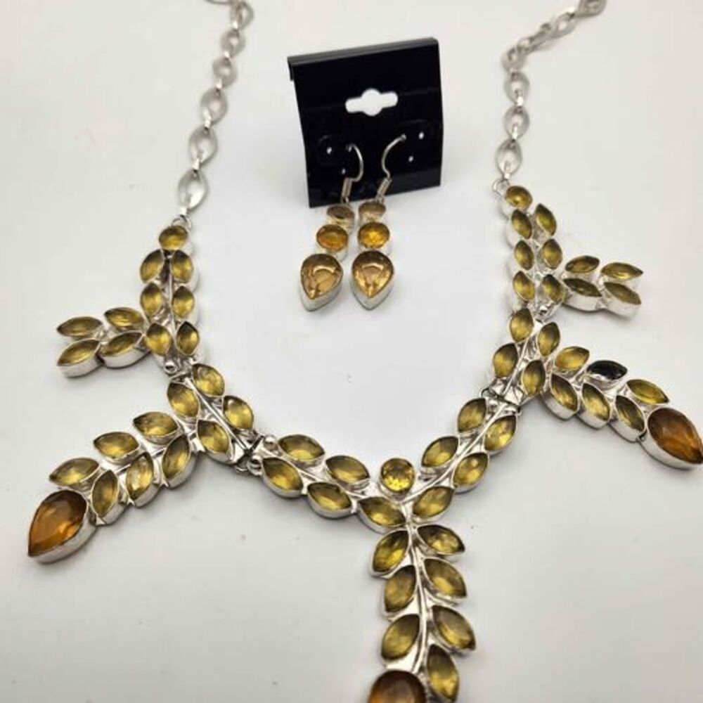 Citrine Yellow Faceted Stone Leaf Branch Necklace Earrings Set Silver Tone State